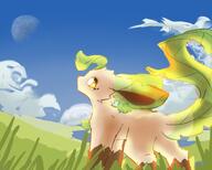 amount:solo atmosphere:hills atmosphere:sunlight body-type:feral series:eeveelutions series:pokemon species:leafeon style:scribbles // 2500x2000 // 298KB