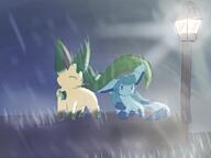 affection amount:pair atmosphere:city atmosphere:night atmosphere:rain atmosphere:town body-type:feral hall-of-fame:bronze series:eeveelutions series:pokemon species:glaceon species:leafeon streetlights style:scribbles // 1600x1200 // 610KB