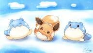 amount:multiple atmosphere:ice atmosphere:snowy body-type:blob body-type:feral imitation series:pokemon silly species:eevee species:spheal style:kawaii style:painted style:playful // 1278x729 // 92KB