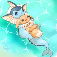 amount:pair atmosphere:beach atmosphere:sunlight body-type:feral relaxed series:eeveelutions series:pokemon species:eevee species:vaporeon style:grainy-lines style:kawaii style:playful // 1600x1592 // 210KB