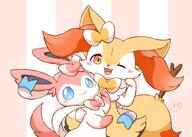 amount:pair body-type:feral body-type:semi-anthro cat-pose hall-of-fame:bronze happy series:eeveelutions series:pokemon species:braixen species:sylveon style:abstract-background style:kawaii style:pastel-colors style:playful style:striped-background sylveon-bow wink // 1752x1254 // 190KB