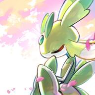 amount:solo atmosphere:petals body-type:anthro body-type:semi-anthro focused forehead-gem species:lurantis species:shiny-pokemon style:intentional-blur style:kemono style:playful // 1024x1024 // 128KB