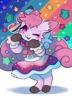 amount:solo body-type:anthro body-type:semi-anthro dress idol oc pride skirt species:vulpix style:abstract-background style:kemono style:outline style:playful visual-teasing wearing-bow wink // 2022x2713 // 449KB