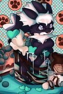 amount:solo atmosphere:assorted-objects atmosphere:sweets body-type:feral body-type:semi-anthro cramped glasses nerdy series:eeveelutions series:pokemon species:vaporeon style:contrasting-colors style:detailed-pattern style:painted // 1900x2830 // 705KB