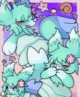 amount:solo atmosphere:assorted-objects blushing body-type:anthro body-type:feral body-type:semi-anthro feminine flower giggling necklace oc species:brionne style:dithering style:girly style:multiple-scenarios style:playful wearing-flower // 2000x2400 // 623KB