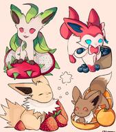 amount:multiple atmosphere:creatures-associated-with-items blueberries body-type:feral dragon-fruit orange-(fruit) series:eeveelutions series:pokemon species:eevee species:leafeon species:sylveon strawberry style:playful // 1500x1700 // 320KB