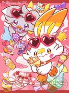 amount:multiple atmosphere:assorted-objects body-type:semi-anthro drink ice-cream series:pokemon species:alcremie species:espurr species:food-creature species:scorbunny spoon style:abstract-background style:girly style:one-color style:pink style:playful sunglasses // 1535x2048 // 573KB