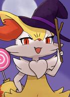 amount:solo atmosphere:halloween body-type:anthro body-type:semi-anthro hat lollipop smug species:braixen style:kemono visual-teasing witch // 696x956 // 87KB