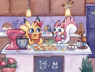 amount:pair apron atmosphere:home atmosphere:kitchen baker baking body-type:semi-anthro cookies species:meowth species:pachirisu species:pikachu style:glow style:watercolor wearing-bow // 2000x1522 // 1.1MB