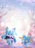 amount:pair atmosphere:forest atmosphere:snowy atmosphere:sunlight badge body-type:feral pride scarf series:eeveelutions series:pokemon species:glaceon species:shinx style:kawaii style:lens-flare style:over-exposure thigh-highs // 877x1200 // 115KB