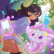 amount:pair atmosphere:city atmosphere:sunlight body-type:humanoid body-type:semi-anthro casual-outfit series:pokemon skirt species:espurr species:human style:dithering style:kawaii telekinesis // 2048x2048 // 2.5MB