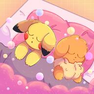 amount:pair atmosphere:bedroom atmosphere:bubbles body-type:feral series:pokemon sleeping species:eevee species:pikachu style:dithering style:outline style:playful // 2048x2048 // 371KB
