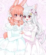 amount:pair body-type:anthro feminine flower hall-of-fame:bronze hall-of-fame:silver long-hair necklace outfit species:bunny species:cat style:girly style:kemono style:pastel-colors style:playful style:very-girly touching-paws wearing-flower wedding-dress // 1100x1300 // 223KB