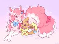 affection amount:pair bell-collar body-type:feral collar cuddling freckles series:pokemon species:alolan-ninetales species:eevee style:girly style:one-color style:pastel-colors style:pink wearing-bow // 1500x1125 // 160KB