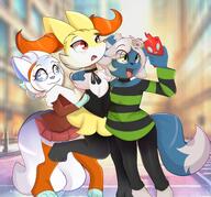 amount:multiple atmosphere:city atmosphere:mall body-type:anthro body-type:semi-anthro casual-outfit explorer-badge hall-of-fame:bronze hall-of-fame:silver shirt species:alolan-vulpix species:braixen species:meowstic style:kawaii style:kemono // 2731x2550 // 554KB