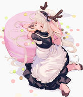 amount:solo body-type:anthro body-type:slightly-chubby donut eating food macarons maid outfit species:deer style:kemono sweets // 1225x1435 // 507KB