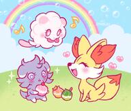 amount:multiple atmosphere:bubbles atmosphere:field atmosphere:hills body-type:blob body-type:feral body-type:semi-anthro pokepuff rainbow series:pokemon species:espurr species:fennekin species:swirlix style:girly style:playful style:very-playful // 2048x1737 // 331KB