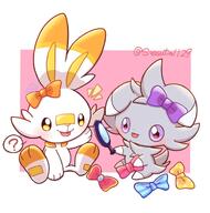 amount:pair atmosphere:fashion body-type:semi-anthro series:pokemon species:espurr species:scorbunny style:abstract-background wearing-bow // 1249x1260 // 146KB