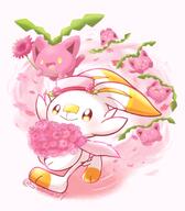 amount:multiple atmosphere:flowers body-type:blob body-type:semi-anthro feminine flower species:hoppip species:scorbunny species:shiny-pokemon style:girly style:kawaii style:one-color style:pink wearing-flower // 1239x1419 // 144KB