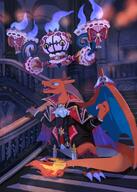 amount:pair atmosphere:mansion body-type:semi-anthro outfit species:chandelure species:charizard style:dim style:lineless style:noisy wearing-bow // 1001x1400 // 613KB