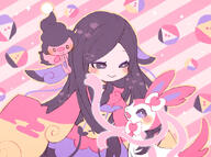 amount:multiple body-type:feral body-type:humanoid hall-of-fame:bronze hall-of-fame:silver series:eeveelutions series:pokemon species:human species:mime-jr species:sylveon style:abstract-background style:dithering style:outline style:striped-background // 870x650 // 166KB