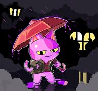 amount:solo atmosphere:rain atmosphere:town body-type:anthro body-type:feral body-type:semi-anthro character:bob jacket shirt species:cat style:kemono style:outline style:pixel-art umbrella // 1060x984 // 29KB