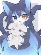 amount:pair amount:solo body-type:anthro body-type:semi-anthro body-type:slim catgirl hair heterochromia long-hair series:pokemon skirt species:espurr species:fox style:kemono // 1466x1952 // 263KB