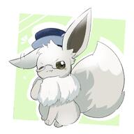 amount:solo body-type:feral glasses hat series:pokemon smug species:eevee species:shiny-pokemon style:abstract-background style:kawaii style:outline visual-teasing wink // 2048x2048 // 209KB