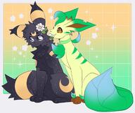 amount:pair body-type:feral feminine flower holding-object holding-object-in-mouth series:eeveelutions series:pokemon species:leafeon species:umbreon style:girly style:lineless wearing-flower // 2104x1778 // 295KB