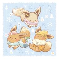 amount:multiple atmosphere:christmas body-type:feral hall-of-fame:bronze hall-of-fame:silver scarf series:pokemon species:eevee species:shiny-pokemon style:colorful style:pastel-colors style:playful sweater winter-clothes // 2150x2150 // 419KB