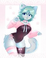 amount:solo body-type:anthro collar hair hoodie mismatched-clothing species:cat style:abstract-background style:kemono style:pastel-colors style:playful sweater thigh-highs // 1600x2000 // 283KB