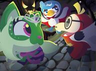 amount:multiple atmosphere:halloween atmosphere:spooky atmosphere:town body-type:feral body-type:semi-anthro glasses nerdy princess species:fuecoco species:quaxly species:sprigatito style:dim style:girly style:lineless style:playful trick-or-treet vampire // 2700x2000 // 352KB