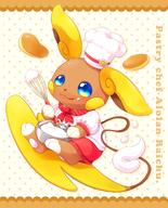 amount:solo atmosphere:cafe body-type:semi-anthro chef hat licking-lips outfit pancakes species:alolan-raichu style:abstract-background style:orange wearing-bow // 1650x2048 // 279KB