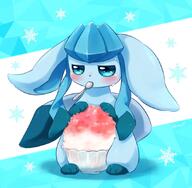 amount:solo body-type:feral drooping-ears heat series:eeveelutions series:pokemon shaved-ice species:glaceon style:abstract-background style:blue style:contrasting-colors style:kawaii style:playful visibly-shy // 880x860 // 78KB