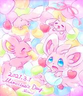 amount:multiple body-type:semi-anthro candy eating food marshmallows silly species:minccino species:shiny-pokemon style:playful style:very-playful sweets wearing-bow // 886x1024 // 117KB