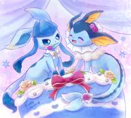amount:pair body-type:feral cake feminine flower food holding-object holding-object-in-mouth romance series:eeveelutions series:pokemon species:glaceon species:vaporeon style:girly sweets wearing-bow wearing-flower wedding-dress // 2451x2200 // 517KB