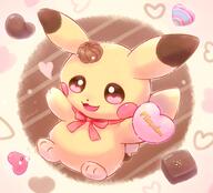 amount:solo atmosphere:cafe body-type:semi-anthro chocolate heart-eyes species:luvdisc species:pikachu style:chibi style:contrasting-colors wearing-bow // 2970x2698 // 466KB