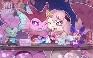 affection amount:pair atmosphere:night atmosphere:party body-type:semi-anthro fishnet-leggings hall-of-fame:bronze hall-of-fame:gold hall-of-fame:silver heart-eyes oc plush series:eeveelutions series:pokemon species:leafeon species:vaporeon style:kawaii style:kemono style:outline thigh-highs wearing-bow // 1777x1115 // 303KB