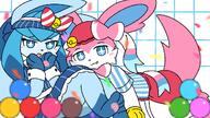 amount:pair atmosphere:confetti body-type:semi-anthro gumballs hall-of-fame:bronze hat outfit series:eeveelutions series:pokemon skirt species:glaceon species:sylveon style:abstract-background style:intentional-blur style:painted style:playful style:simple-colors wearing-bow // 1280x720 // 190KB