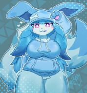 amount:solo body-type:anthro hall-of-fame:bronze hoodie licking-lips long-hair series:eeveelutions series:pokemon species:glaceon style:abstract-background style:kemono style:outline sweater visual-teasing // 1861x2007 // 379KB