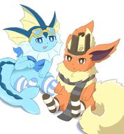 amount:pair body-type:feral goggles hat neutral-expression scarf series:eeveelutions series:pokemon species:flareon species:vaporeon thigh-highs visual-teasing // 1902x2048 // 274KB