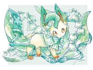 amount:solo atmosphere:flowers body-type:feral flower outfit plants scarf series:eeveelutions series:pokemon species:leafeon style:watercolor wearing-bow // 2048x1536 // 500KB