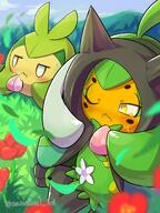 amount:pair atmosphere:flowers atmosphere:hills body-type:blob body-type:semi-anthro eating flower pecha-berry pokemon-berries species:ogerpon species:swadloon style:kawaii // 2400x3200 // 594KB
