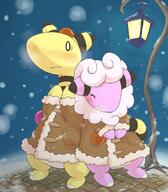 amount:pair atmosphere:snowy atmosphere:town body-type:anthro body-type:semi-anthro jacket species:ampharos species:flaaffy style:glow sweater winter-clothes // 980x1120 // 750KB