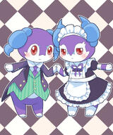 amount:pair amount:solo atmosphere:cafe body-type:semi-anthro butler maid outfit species:indeedee species:shiny-pokemon style:abstract-background style:kawaii style:outline style:playful visibly-shy // 1000x1200 // 533KB