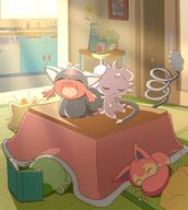 amount:multiple atmosphere:home atmosphere:sunlight body-type:feral body-type:semi-anthro book grouping:cat-pokemon series:pokemon sleeping species:espurr species:litten species:meowth species:skitty species:sprigatito style:dim style:kawaii style:sunrays // 1700x1900 // 293KB