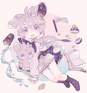 amount:pair amount:solo body-type:gijinka body-type:humanoid body-type:semi-anthro series:pokemon species:espurr species:human style:kawaii style:pastel-colors // 878x937 // 453KB