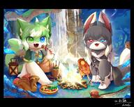 amount:pair atmosphere:forest atmosphere:ruins body-type:semi-anthro campfire eating food heterochromia species:fox style:kemono style:painted style:very-detailed // 3741x3008 // 1007KB