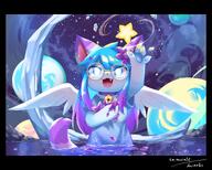 amount:solo atmosphere:hot-springs atmosphere:mountains atmosphere:night bell-collar body-type:anthro body-type:semi-anthro collar glasses hall-of-fame:bronze long-hair moon nerdy species:cat style:kemono style:painted style:very-detailed wings // 3741x3008 // 793KB