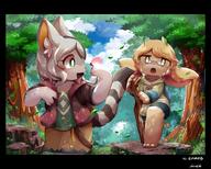 amount:pair atmosphere:forest atmosphere:sunlight body-type:semi-anthro butterflies casual-outfit glasses hall-of-fame:bronze heat hoodie nerdy species:bunny species:cat style:kemono style:painted style:very-detailed sweater // 3741x3008 // 1.2MB